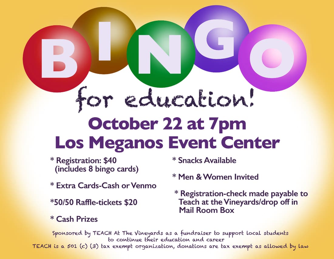 TEACH Bingo for Education flyer
